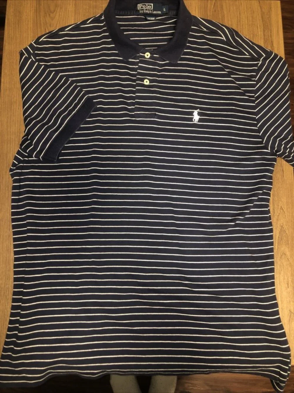 Polo Ralph Lauren Polo Shirt Mens L Blue White Striped Knit Short Sleeve Cotton